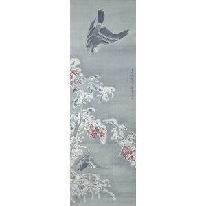 画像: 建部寒葉斎画幅「雪中南天　鷹と叭々鳥」江戸期書画